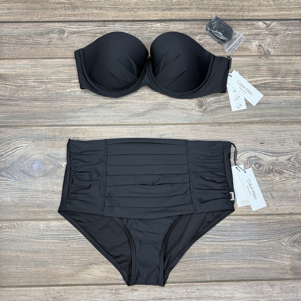 Calvin Klein Women's Molded Underwire Swim Bikini Top & Pleated Bottom Black XL - Picture 7 of 11